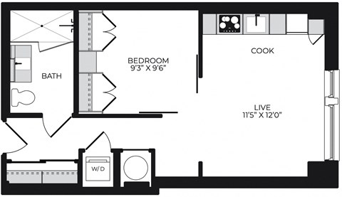 Floor plan for 1 bed, 1 bath, 523 sqft